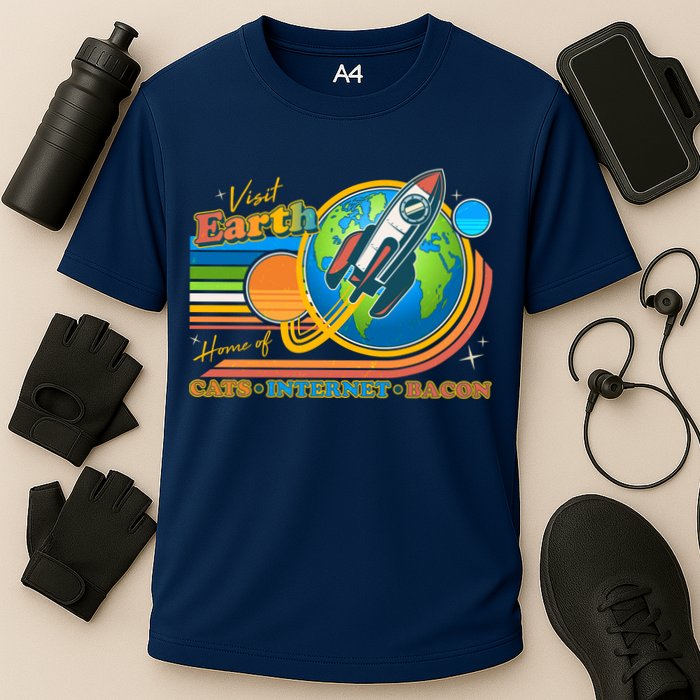 Visit Earth Home Of Cats Internet Bacon Cooling Performance Crew T-Shirt