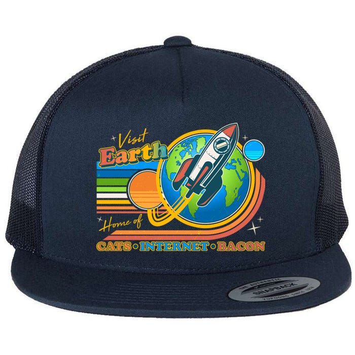 Visit Earth Home Of Cats Internet Bacon Flat Bill Trucker Hat