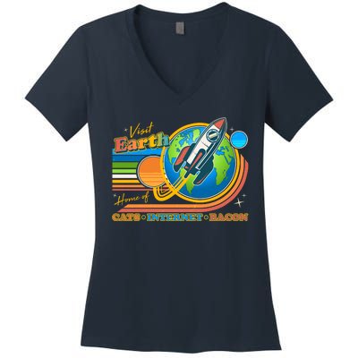 Visit Earth Home Of Cats Internet Bacon Women's V-Neck T-Shirt