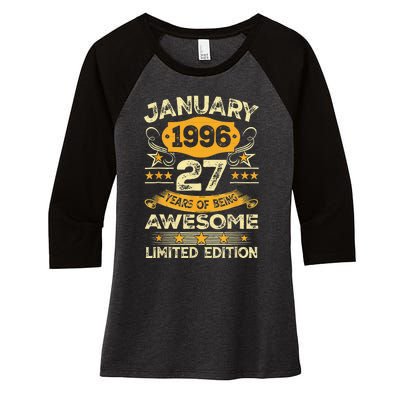 Vintage January 1996 27th Birthdays Gifts 27 Years Old Women's Tri-Blend 3/4-Sleeve Raglan Shirt