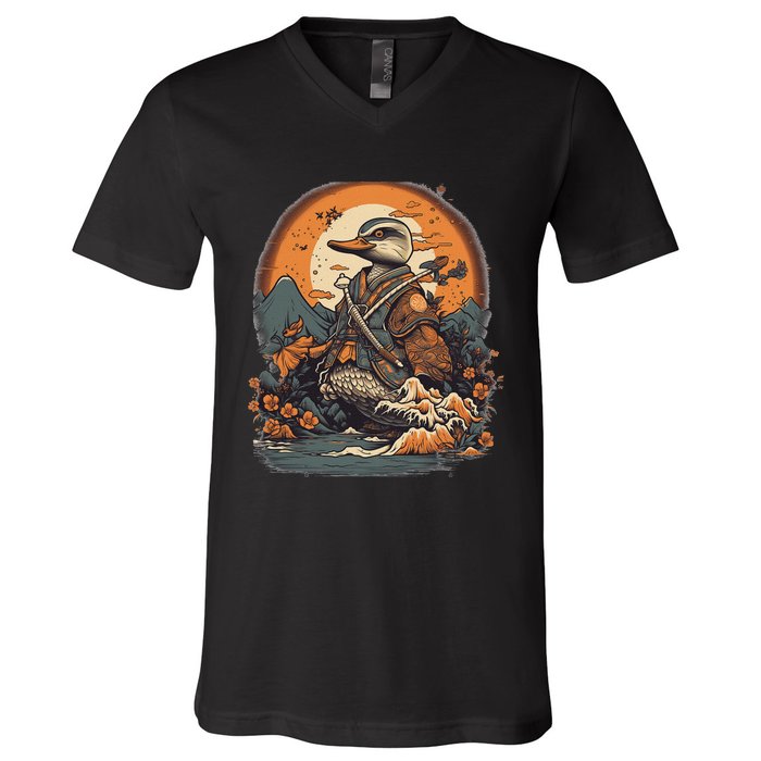 Vintage Japanese Art Samurai Duck V-Neck T-Shirt