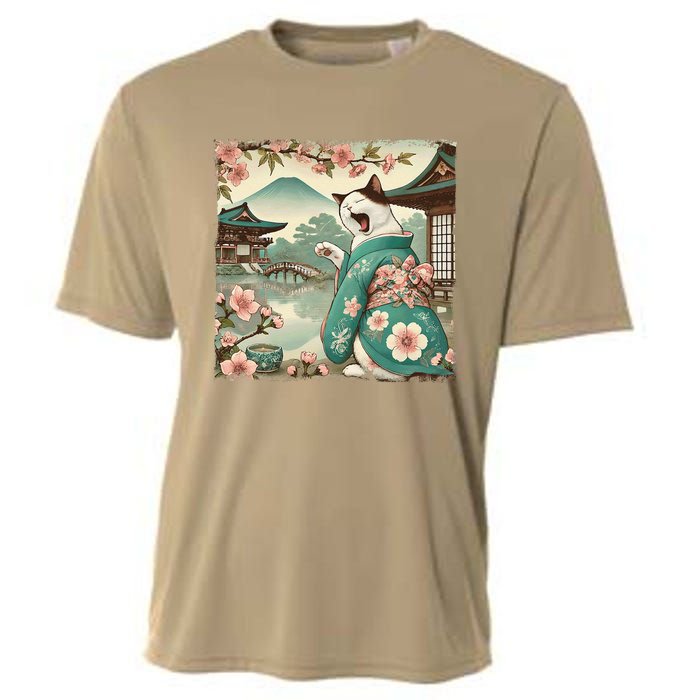 Vintage Japanese Art Anime Funny Cat Wave Cooling Performance Crew T-Shirt