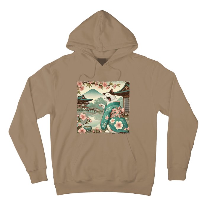 Vintage Japanese Art Anime Funny Cat Wave Hoodie