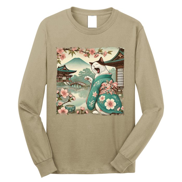 Vintage Japanese Art Anime Funny Cat Wave Long Sleeve Shirt