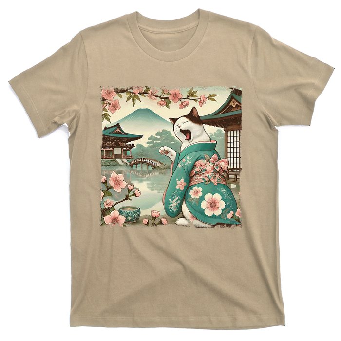 Vintage Japanese Art Anime Funny Cat Wave T-Shirt