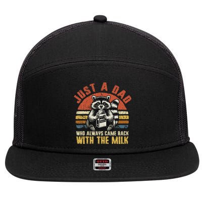 Vintage Just A Dad Who Always Came Back With The Milk Racoon 7 Panel Mesh Trucker Snapback Hat