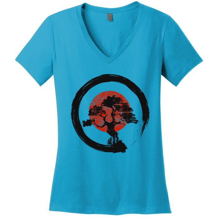 Vintage Japanese Bonsai Tree Zen Circle Yoga Gift Women's V-Neck T-Shirt