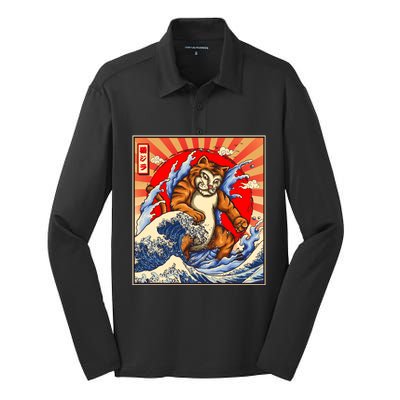 Vintage Japanese Catzilla Poster Silk Touch Performance Long Sleeve Polo