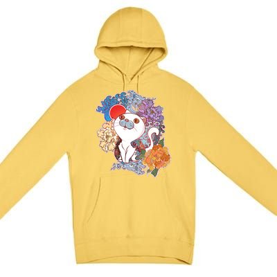 Vintage Japanese Flowers Tattoo Cat Premium Pullover Hoodie