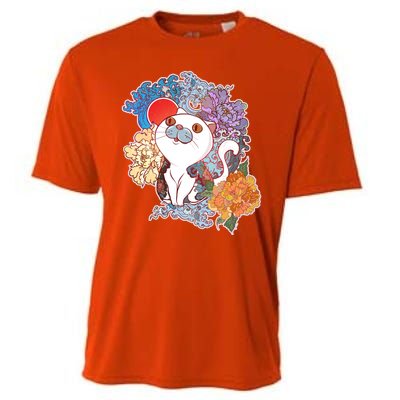 Vintage Japanese Flowers Tattoo Cat Cooling Performance Crew T-Shirt