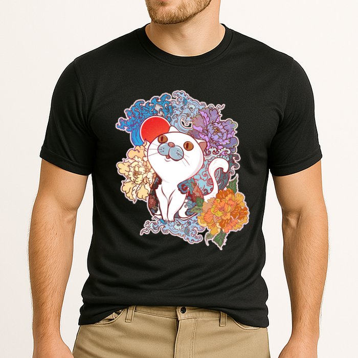 Vintage Japanese Flowers Tattoo Cat Performance Shirt