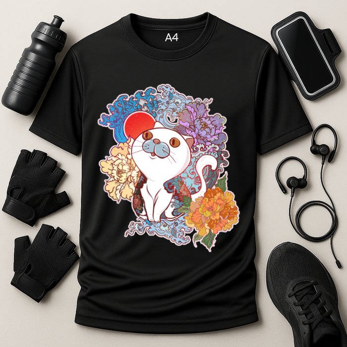 Vintage Japanese Flowers Tattoo Cat Performance Shirt
