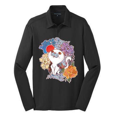 Vintage Japanese Flowers Tattoo Cat Silk Touch Performance Long Sleeve Polo