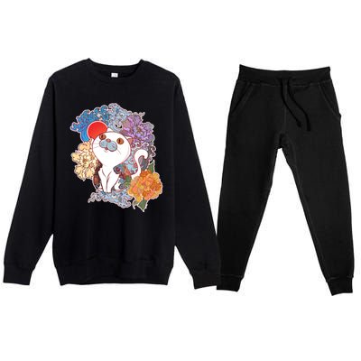 Vintage Japanese Flowers Tattoo Cat Premium Crewneck Sweatsuit Set