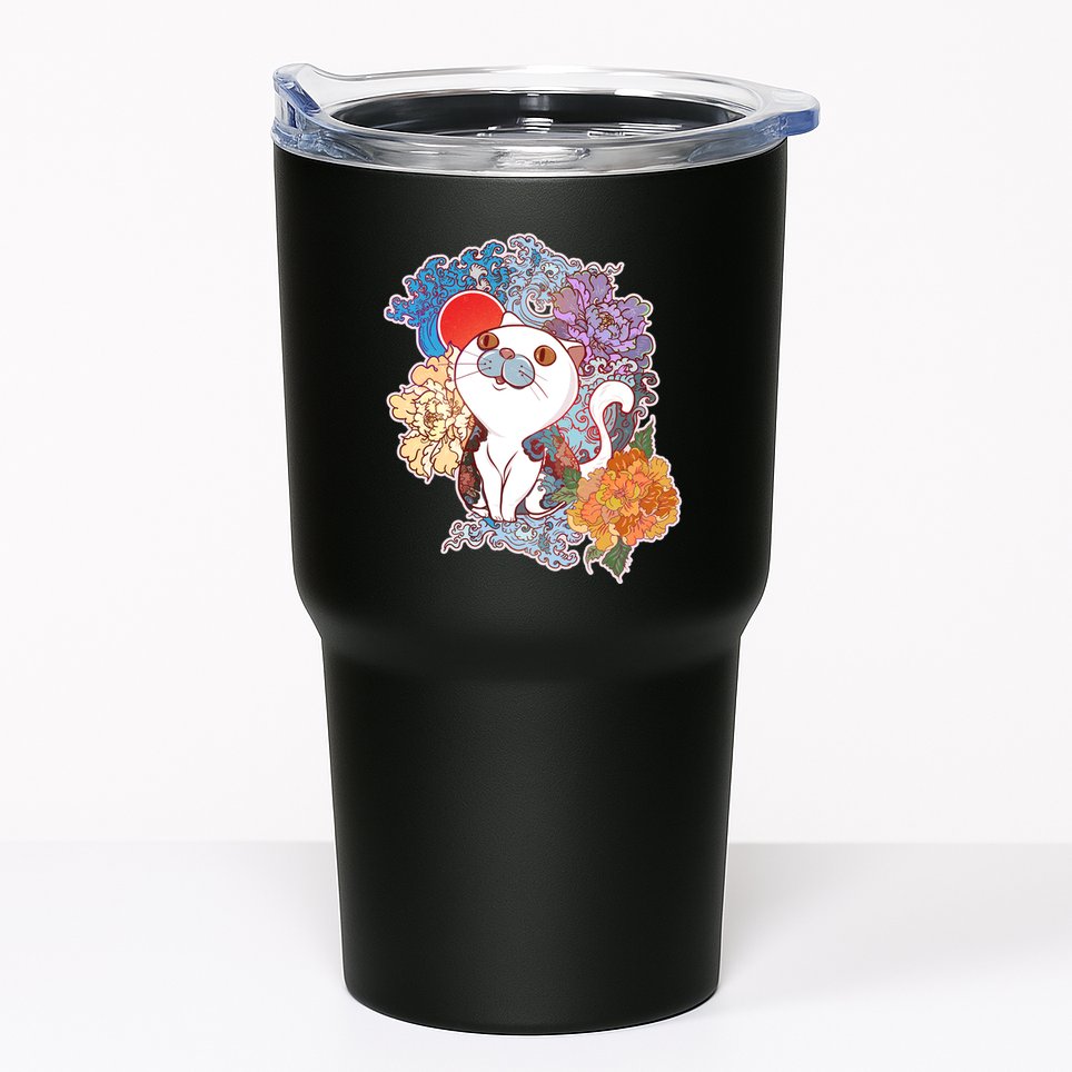 Vintage Japanese Flowers Tattoo Cat Tumbler