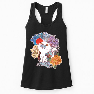 Vintage Japanese Flowers Tattoo Cat Womens Tank Top