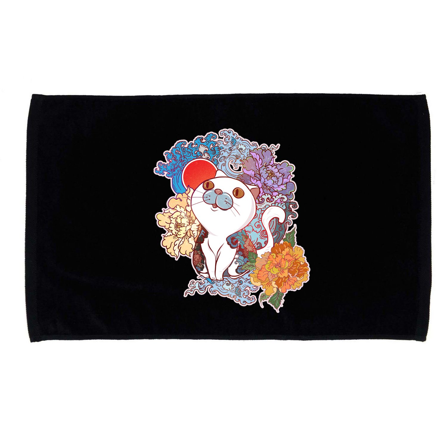 Vintage Japanese Flowers Tattoo Cat Microfiber Hand Towel