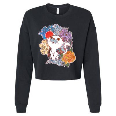 Vintage Japanese Flowers Tattoo Cat Cropped Pullover Crew