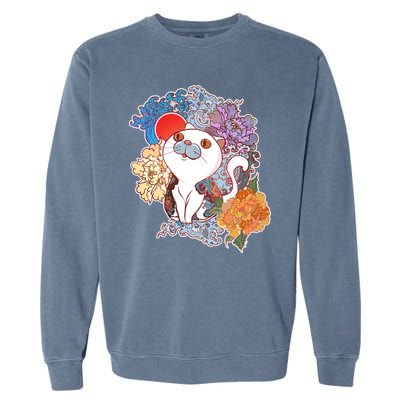 Vintage Japanese Flowers Tattoo Cat Garment-Dyed Sweatshirt