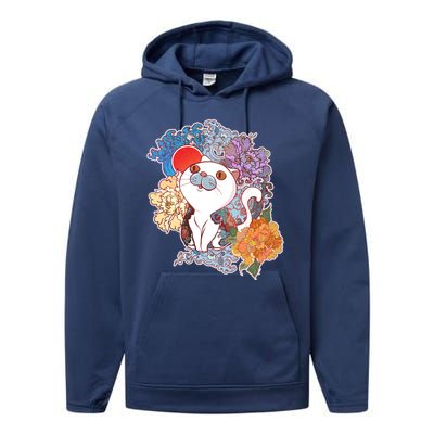 Vintage Japanese Flowers Tattoo Cat Performance Fleece Hoodie