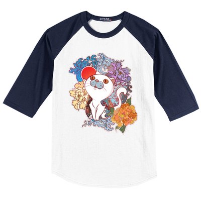 Vintage Japanese Flowers Tattoo Cat Baseball Sleeve Shirt