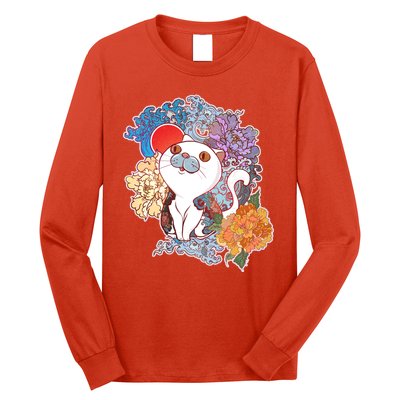 Vintage Japanese Flowers Tattoo Cat Long Sleeve Shirt