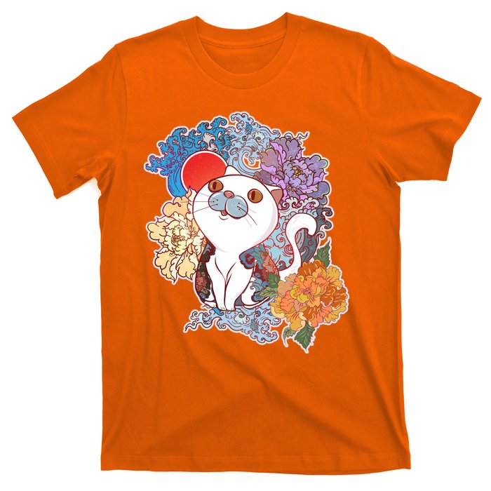 Vintage Japanese Flowers Tattoo Cat T-Shirt