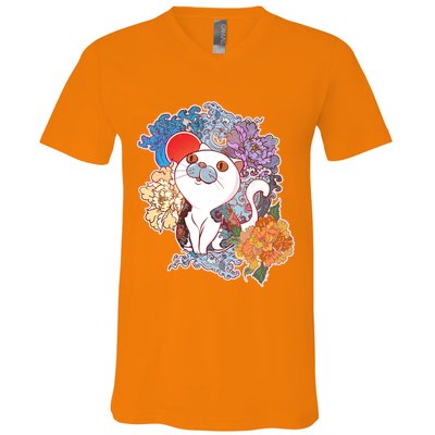 Vintage Japanese Flowers Tattoo Cat V-Neck T-Shirt