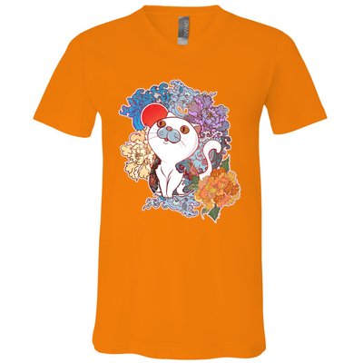 Vintage Japanese Flowers Tattoo Cat V-Neck T-Shirt