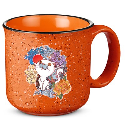 Vintage Japanese Flowers Tattoo Cat 15oz Campfire Ceramic Mug