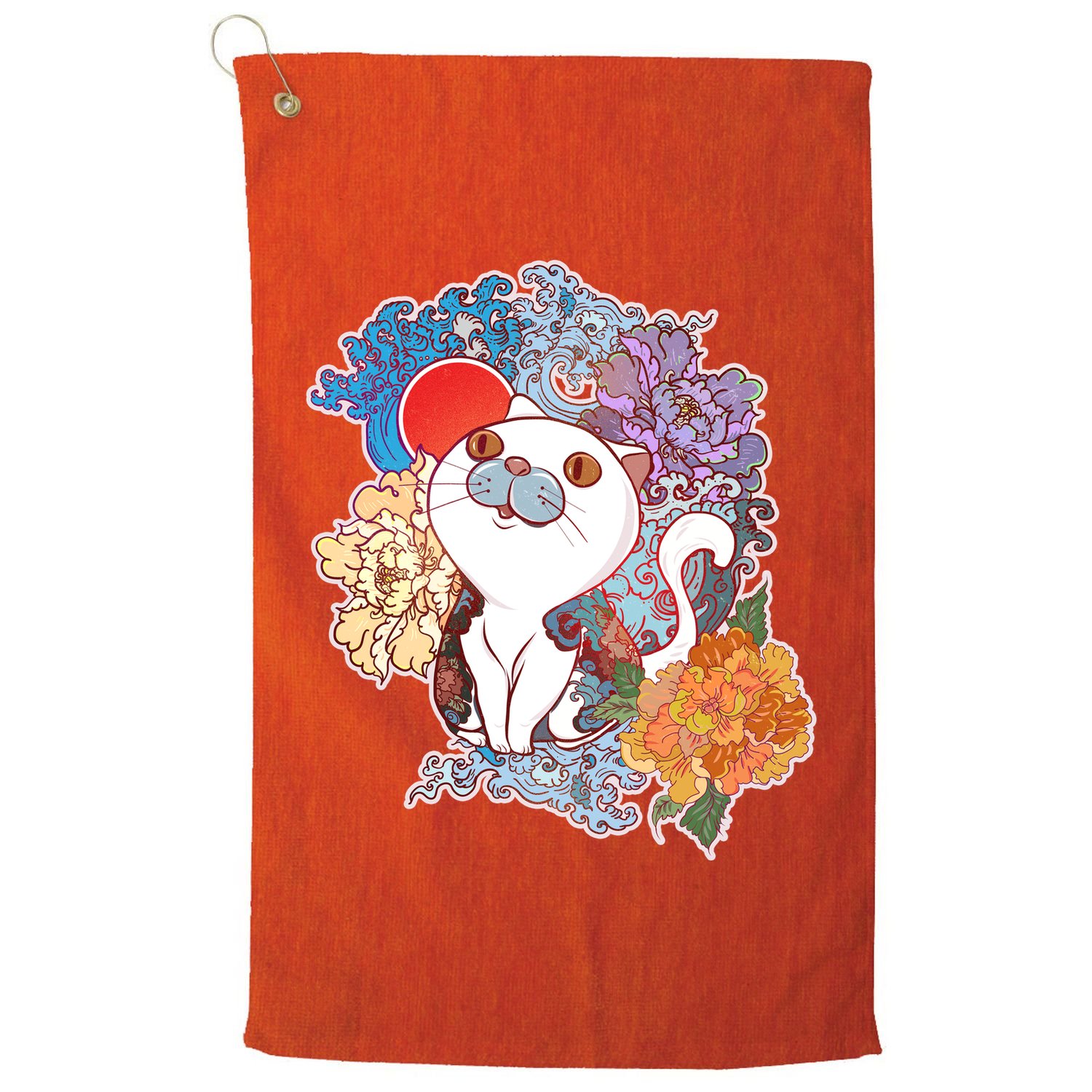 Vintage Japanese Flowers Tattoo Cat Golf Towel