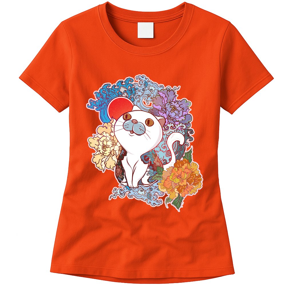 Vintage Japanese Flowers Tattoo Cat Womens T-Shirt