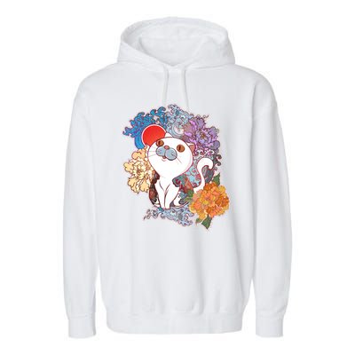 Vintage Japanese Flowers Tattoo Cat Garment-Dyed Fleece Hoodie