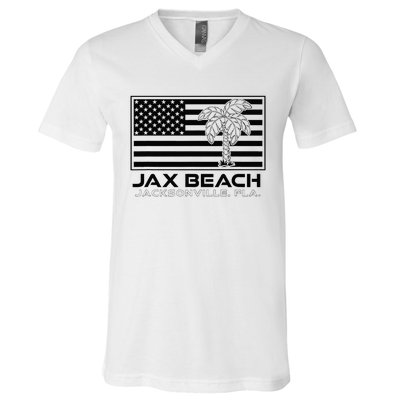 Visit Jacksonville Florida Vacation USA Flag Palms Jax Beach V-Neck T-Shirt