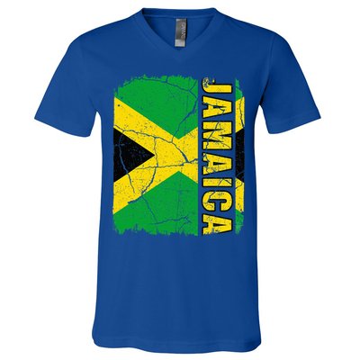 Vintage Jamaican Flag Jamaica Pride Roots Heritage Gift V-Neck T-Shirt
