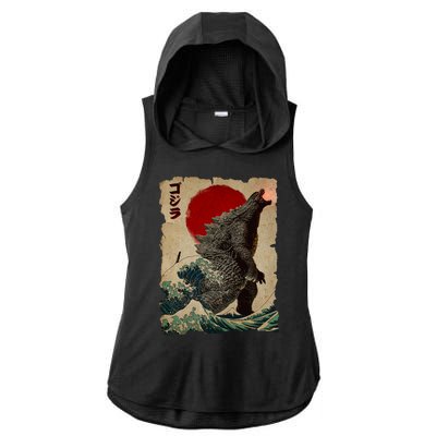 Vintage Japanese Godzilla Great Wave Poster Ladies PosiCharge Tri-Blend Wicking Draft Hoodie Tank