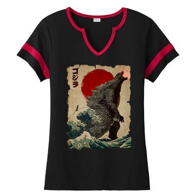 Vintage Japanese Godzilla Great Wave Poster Ladies Halftime Notch Neck Tee