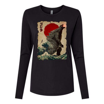 Vintage Japanese Godzilla Great Wave Poster Womens Cotton Relaxed Long Sleeve T-Shirt