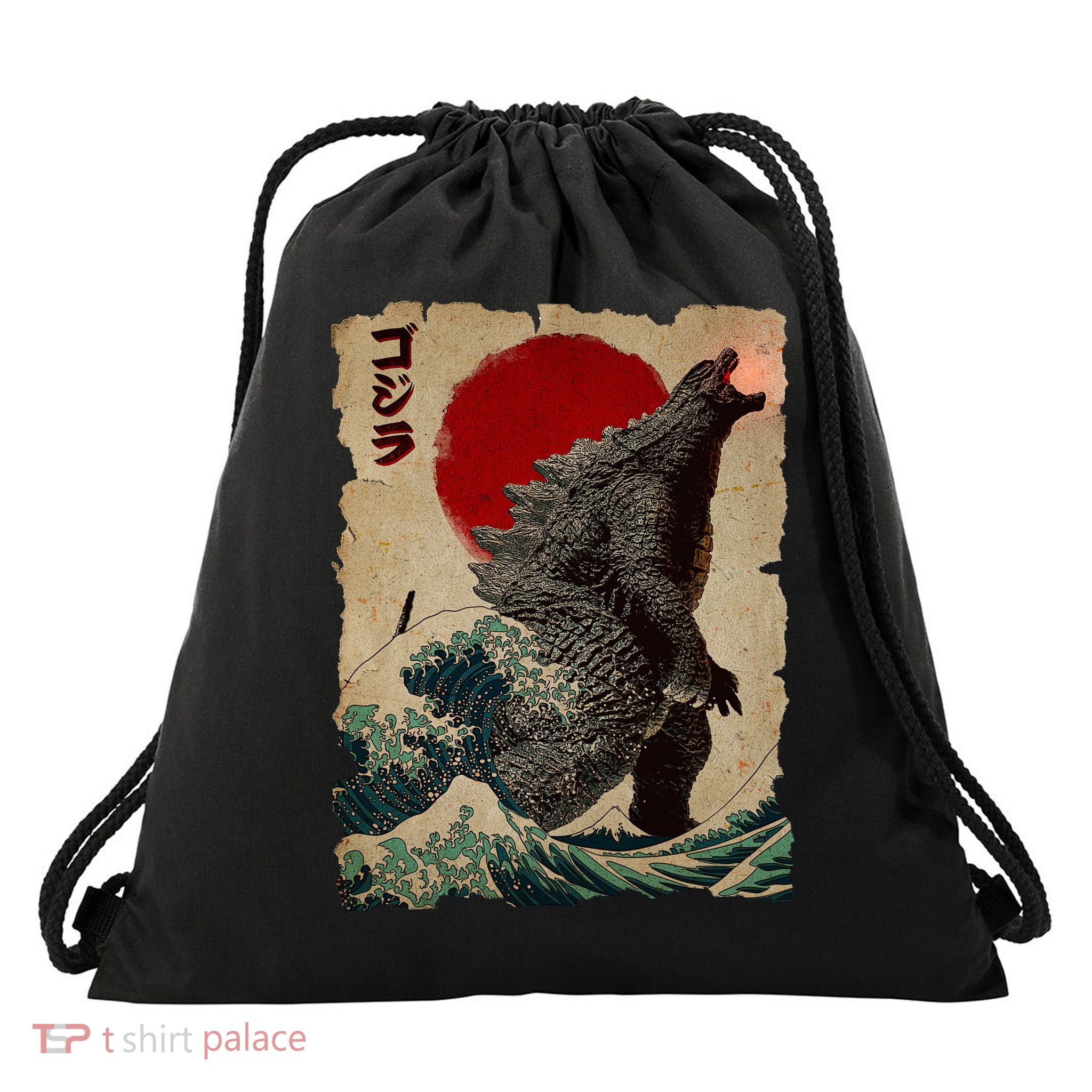 Vintage Japanese Monster Great Wave Poster Drawstring Bag