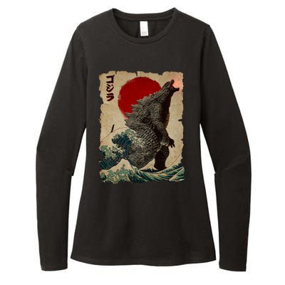 Vintage Japanese Godzilla Great Wave Poster Womens CVC Long Sleeve Shirt