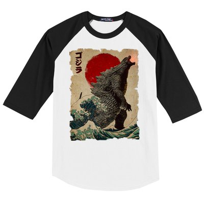 Vintage Japanese Monster Great Wave Poster Baseball Sleeve Shirt