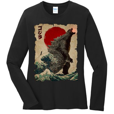 Vintage Japanese Monster Great Wave Poster Ladies Long Sleeve Shirt