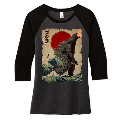 Vintage Japanese Monster Great Wave Poster Women's Tri-Blend 3/4-Sleeve Raglan Shirt