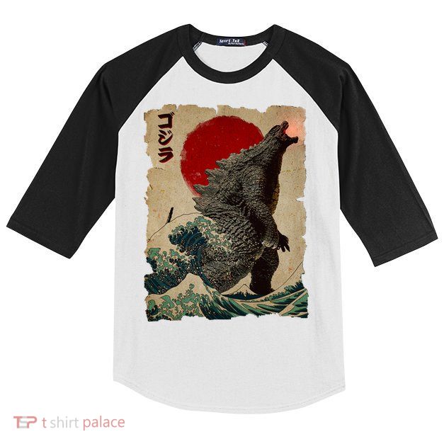 Vintage Japanese Monster Great Wave Poster Kids Colorblock Raglan Jersey