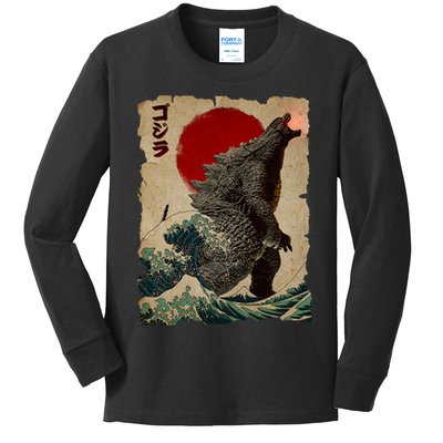 Vintage Japanese Monster Great Wave Poster Kids Long Sleeve Shirt