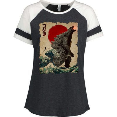 Vintage Japanese Godzilla Great Wave Poster Enza Ladies Jersey Colorblock Tee