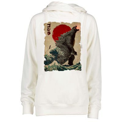 Vintage Japanese Godzilla Great Wave Poster Womens Funnel Neck Pullover Hood