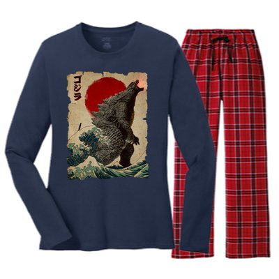 Vintage Japanese Godzilla Great Wave Poster Women's Long Sleeve Flannel Pajama Set 