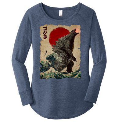 Vintage Japanese Godzilla Great Wave Poster Women's Perfect Tri Tunic Long Sleeve Shirt