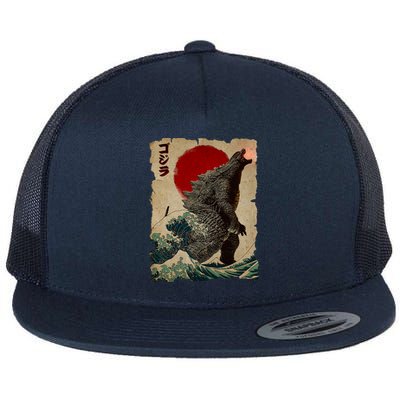 Vintage Japanese Godzilla Great Wave Poster Flat Bill Trucker Hat